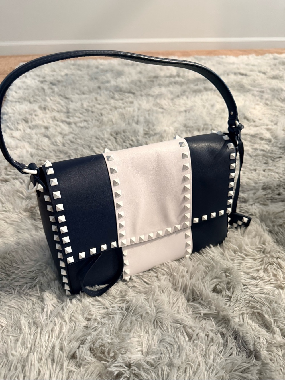Valentino Garavani Navy and White Rockstud Leather Shoulder Bag